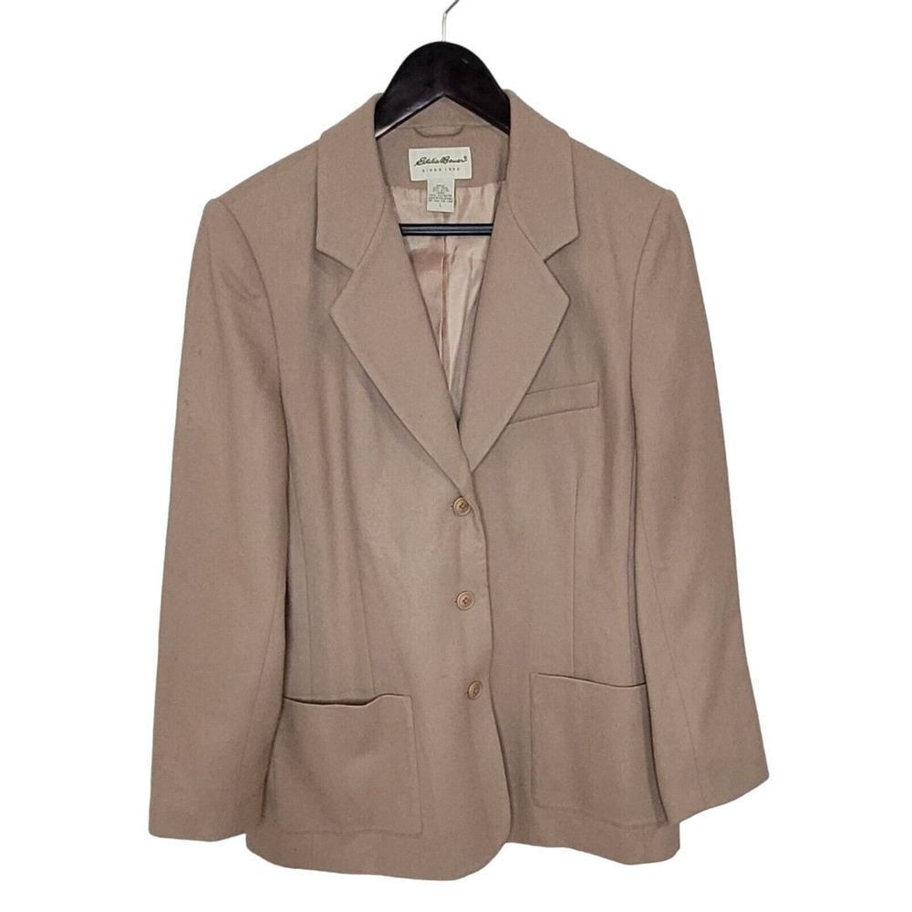 Vintage Women's Eddie Bauer Size Large Wool‎ Blend Tan Boyfriend Blazer Academia